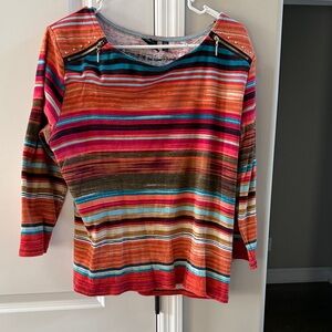 Rafaella Striped Long-Sleeve Top in Pink, Orange & Teal